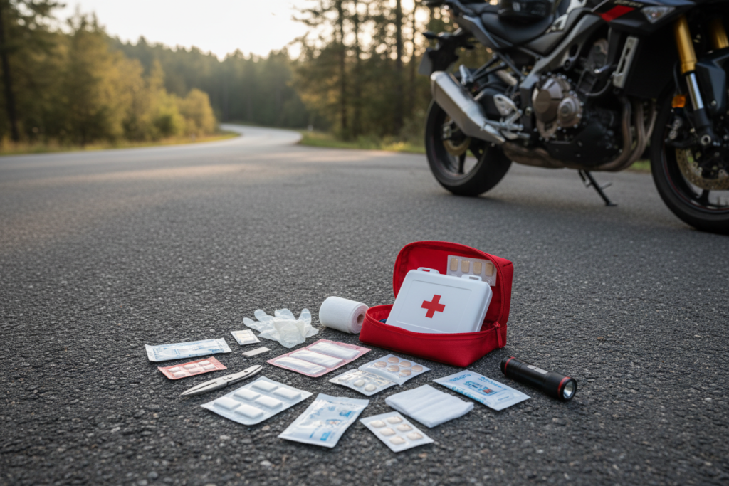 Motorcycle Trip Packing List: The Complete Guide Compressed motorcycle first aid kit and satellite communicator for touring