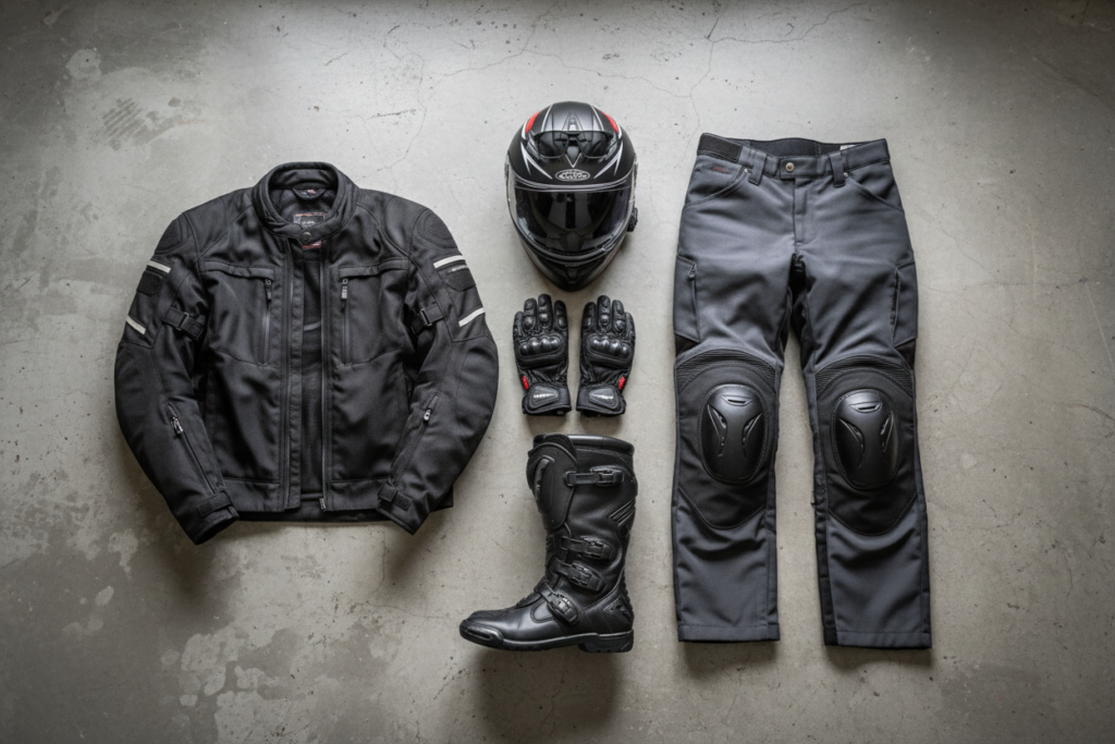 Motorcycle Trip Packing List: The Complete Guide Motorcycle riding gear — helmet, jacket, gloves and boots for touring