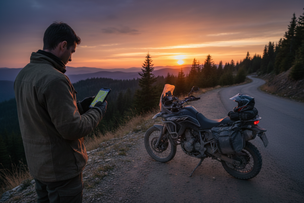 How to Plan a Motorcycle Trip: The Complete Guide Rider planning a motorcycle route on a map beside the road