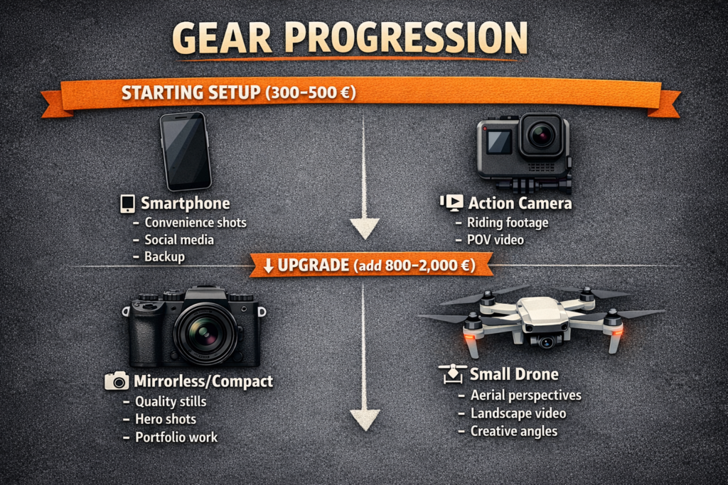 Essential Camera Gear for Motorcycle Travel Photography Camera gear progression for motorcycle travel photography showing starting setup with smartphone and action camera, upgrade path adding mirrorless, and advanced addition of drone