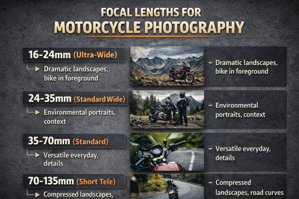 Essential Camera Gear for Motorcycle Travel Photography Focal length comparison showing different lens ranges for motorcycle travel photography from ultra-wide landscapes to telephoto compression