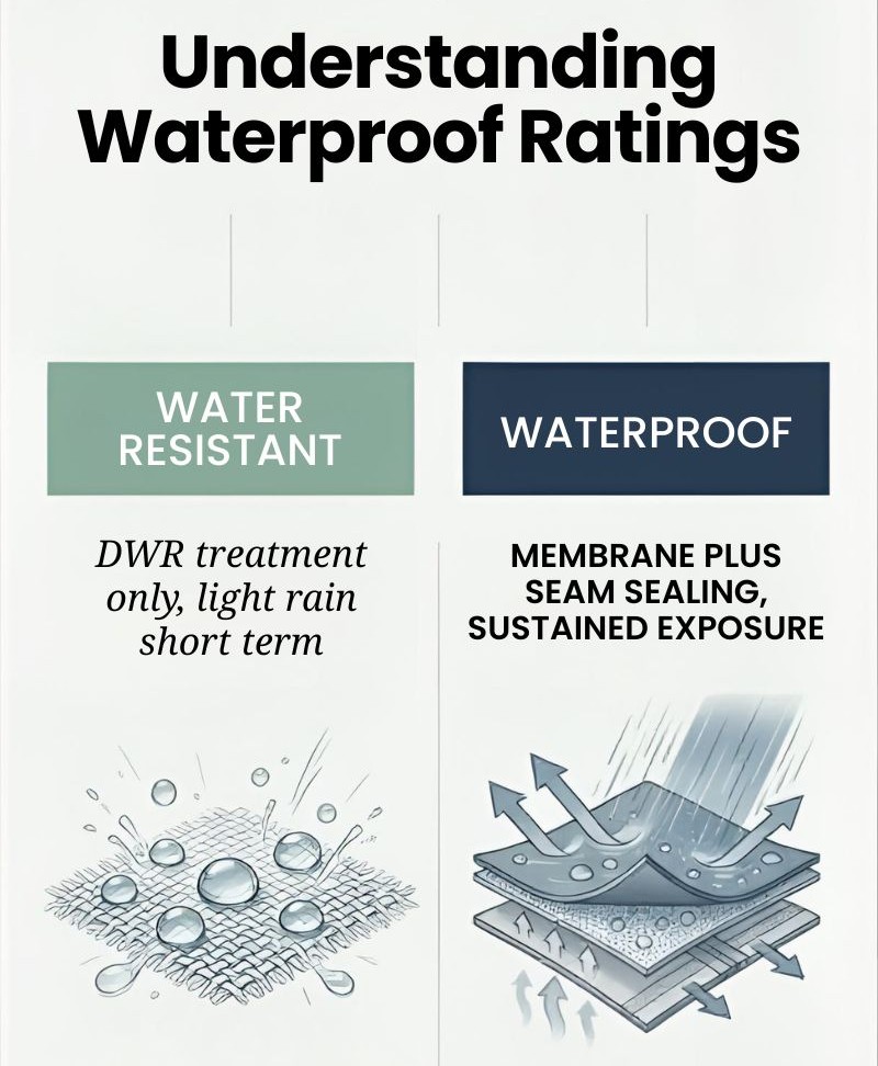 Motorcycle Rain Gear Guide: Stay Dry on Tour Motorcycle rain gear waterproof ratings explanation showing difference between water resistant, waterproof, and Gore-Tex membranes