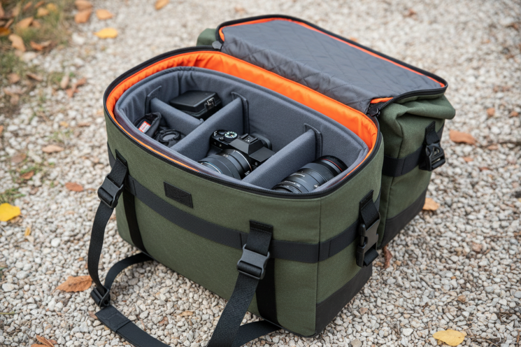 Essential Camera Gear for Motorcycle Travel Photography Camera protected in padded insert inside motorcycle pannier with dry bag for vibration and weather protection