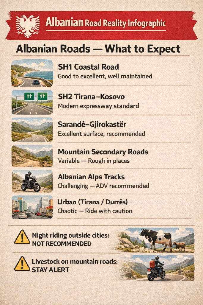 Albania Motorcycle Travel Guide: The Balkans' Hidden Gem Albanian road quality guide showing different route types from excellent coastal roads to challenging mountain tracks for motorcycle travel