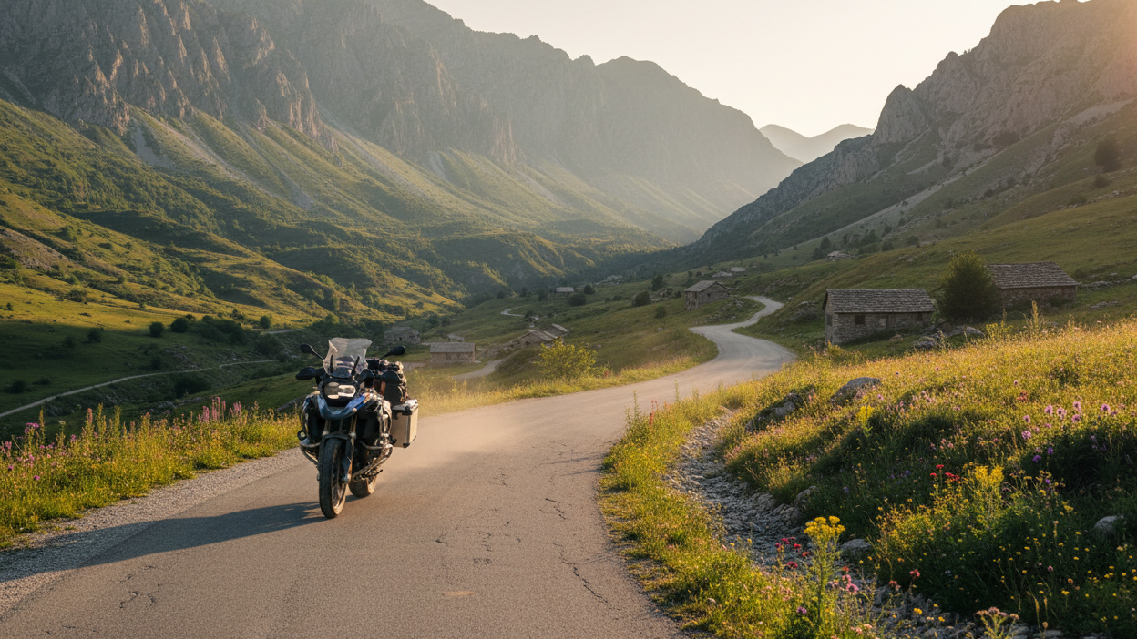 Albania Motorcycle Travel Guide: The Balkans' Hidden Gem Motorcycle on empty Albanian mountain road at golden hour showing the remote and undiscovered scenery of albania motorcycle travel