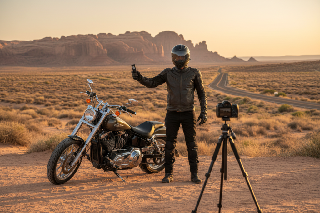 Bluetooth remote shutter release being used for motorcycle self portrait photography allowing rider to trigger camera while in frame