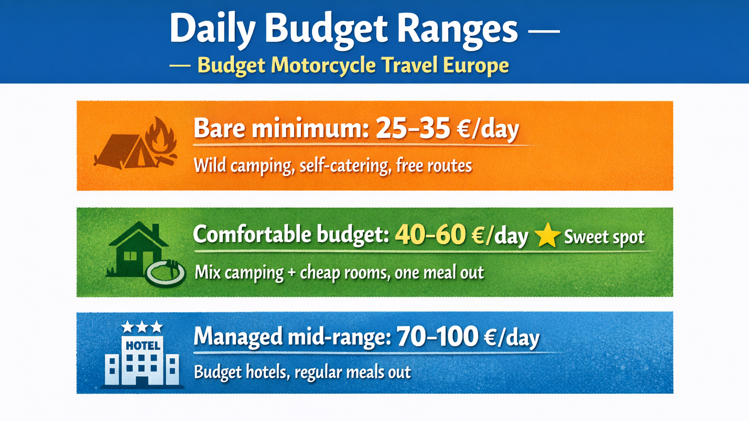 Budget Motorcycle Travel Europe: The Complete Guide Daily budget ranges for budget motorcycle travel europe showing three tiers from bare minimum wild camping to managed mid-range hotel touring