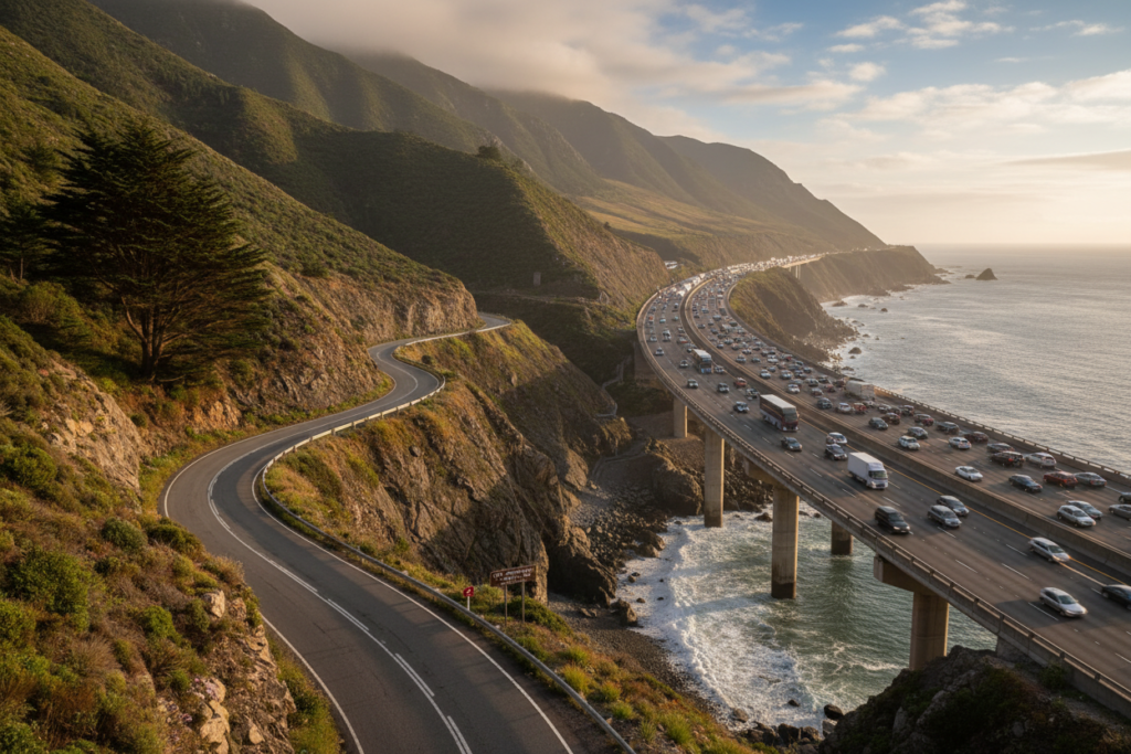 Budget Motorcycle Travel Europe: The Complete Guide Motorcycle on empty European road at golden hour — toll-free secondary roads are the best motorcycle roads