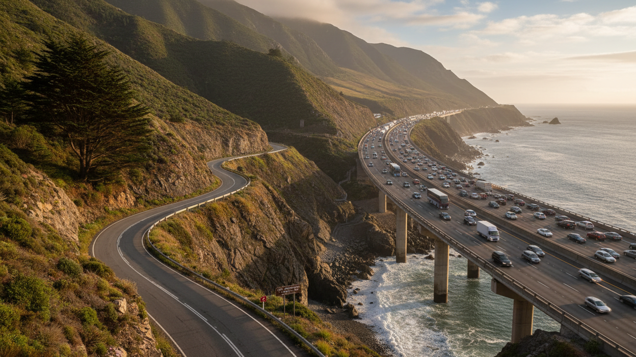 Budget Motorcycle Travel Europe: The Complete Guide Motorcycle on empty scenic road in Eastern Europe at golden hour showing the freedom and value of budget motorcycle travel europe