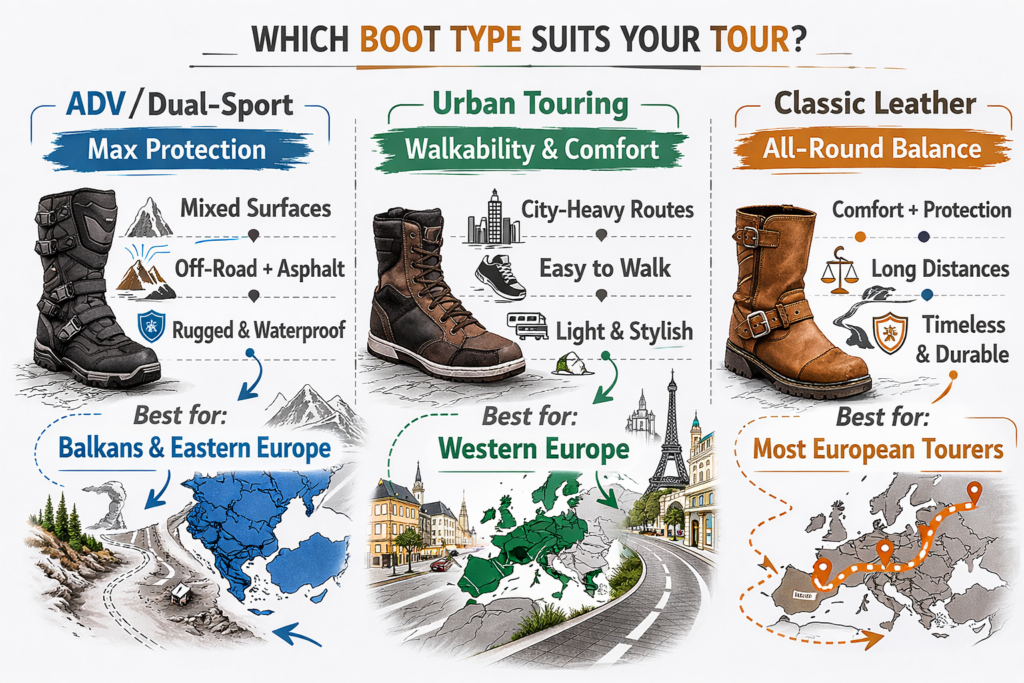 Adventure motorcycle boots on unpaved gravel trail showing protection needed for off-road and mixed surface touring