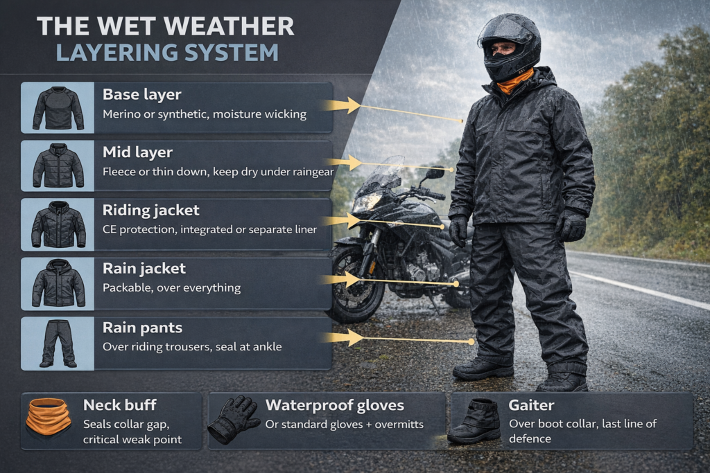 Motorcycle Rain Gear Guide: Stay Dry on Tour Complete motorcycle wet weather layering system showing all components from base layer to rain jacket pants gloves and gaiter