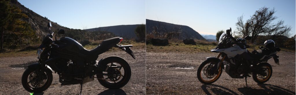 Motorcycle photography composition showing rule of thirds with rider positioned on left third and leading road line drawing eye through frame 