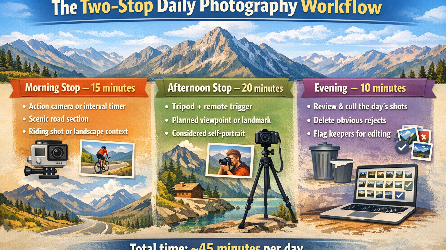 Daily motorcycle self portrait photography workflow showing two stop approach with morning action shot afternoon tripod portrait and evening cull