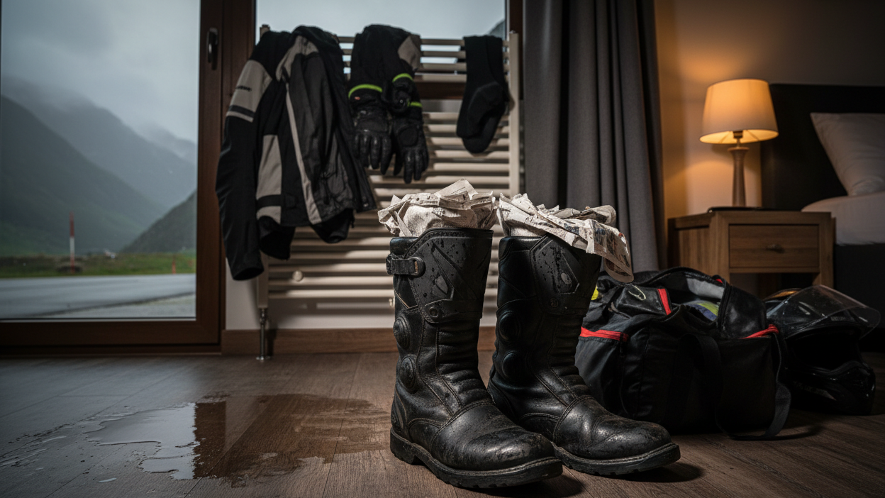 Motorcycle touring boots drying with newspaper stuffed inside after wet riding day showing road maintenance technique