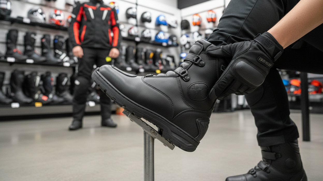 Trying on motorcycle touring boots in store showing proper fit check with heel and toe clearance assessment