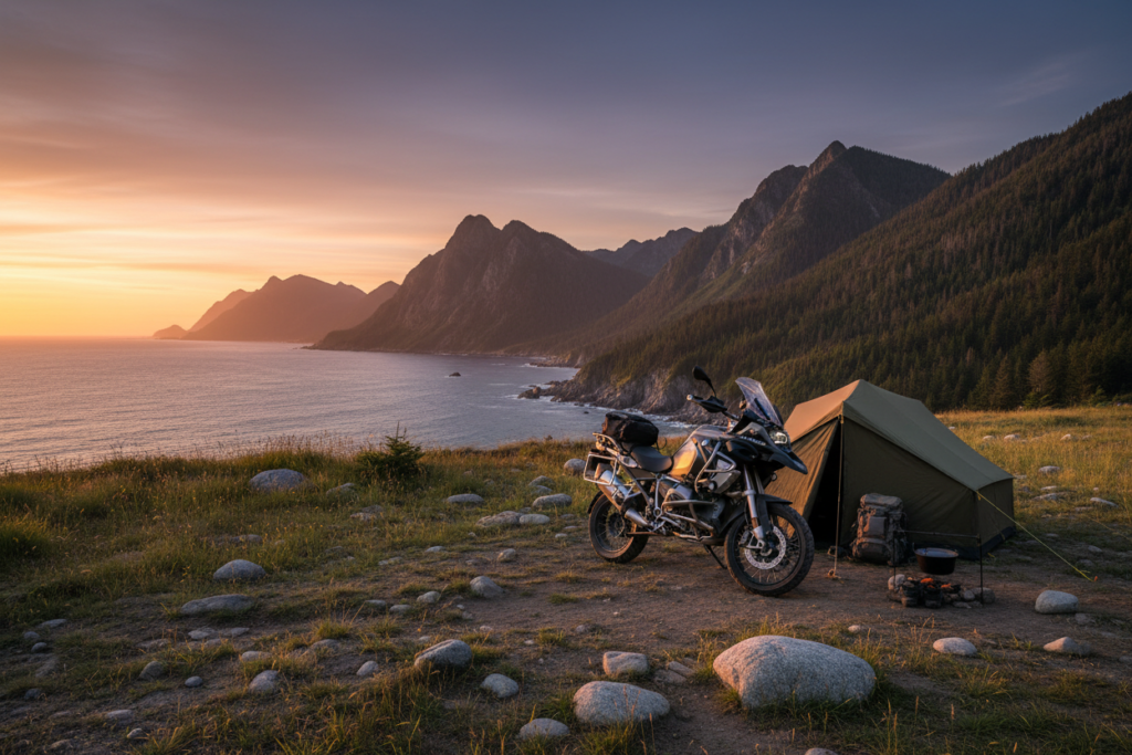 Budget Motorcycle Travel Europe: The Complete Guide Motorcycle wild camping with tent pitched in scenic European mountain location showing zero cost overnight option for budget touring