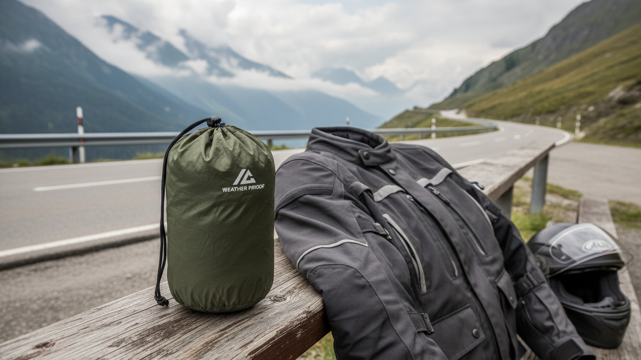 Motorcycle Rain Gear Guide: Stay Dry on Tour Packable motorcycle rain jacket compressed in stuff sack showing compact size for touring storage