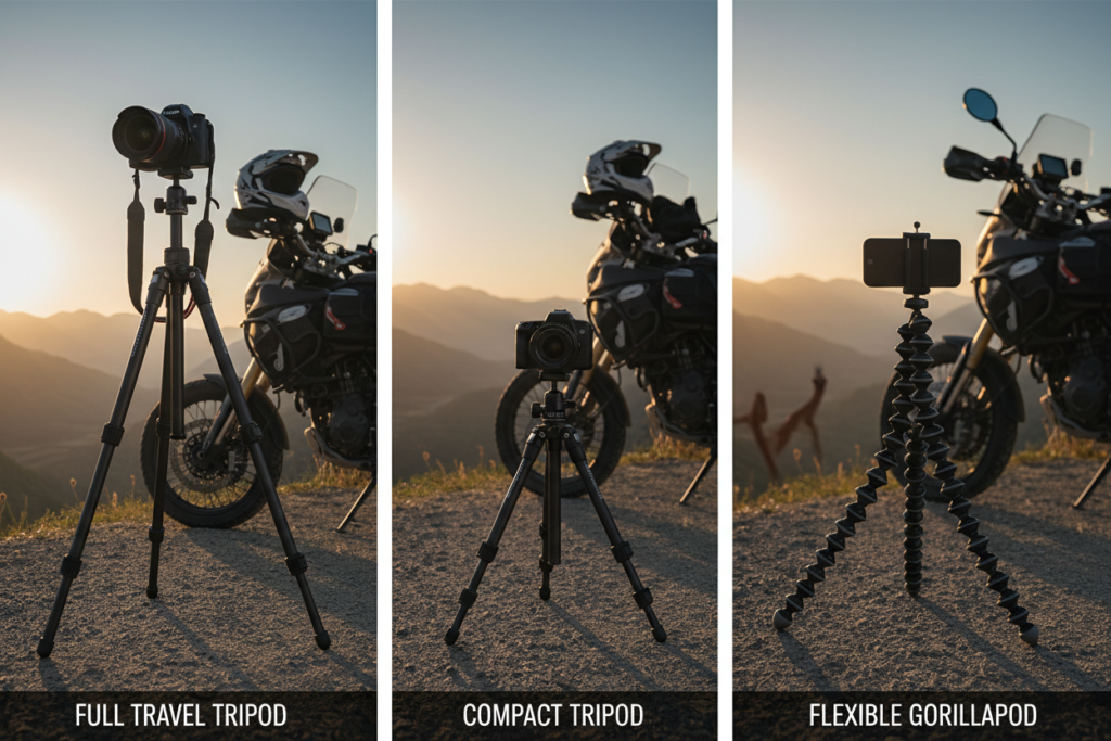 Three tripod options for motorcycle self portrait photography showing full travel tripod compact tripod and flexible gorilla pod comparison 