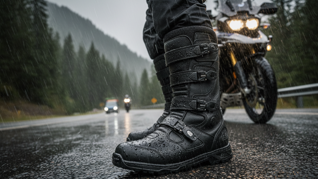 Waterproof motorcycle touring boots with water beading off Gore-Tex membrane in wet riding conditions