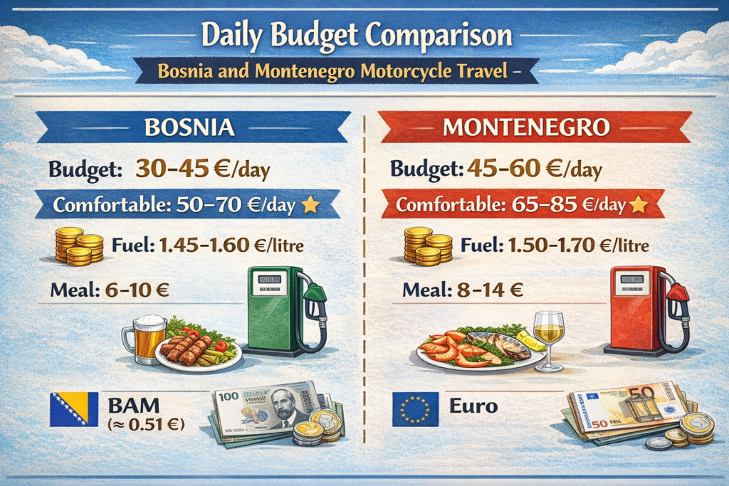 Bosnia and Montenegro Motorcycle Travel Guide Daily budget comparison for Bosnia and Montenegro motorcycle travel showing costs fuel prices and accommodation ranges for both countries