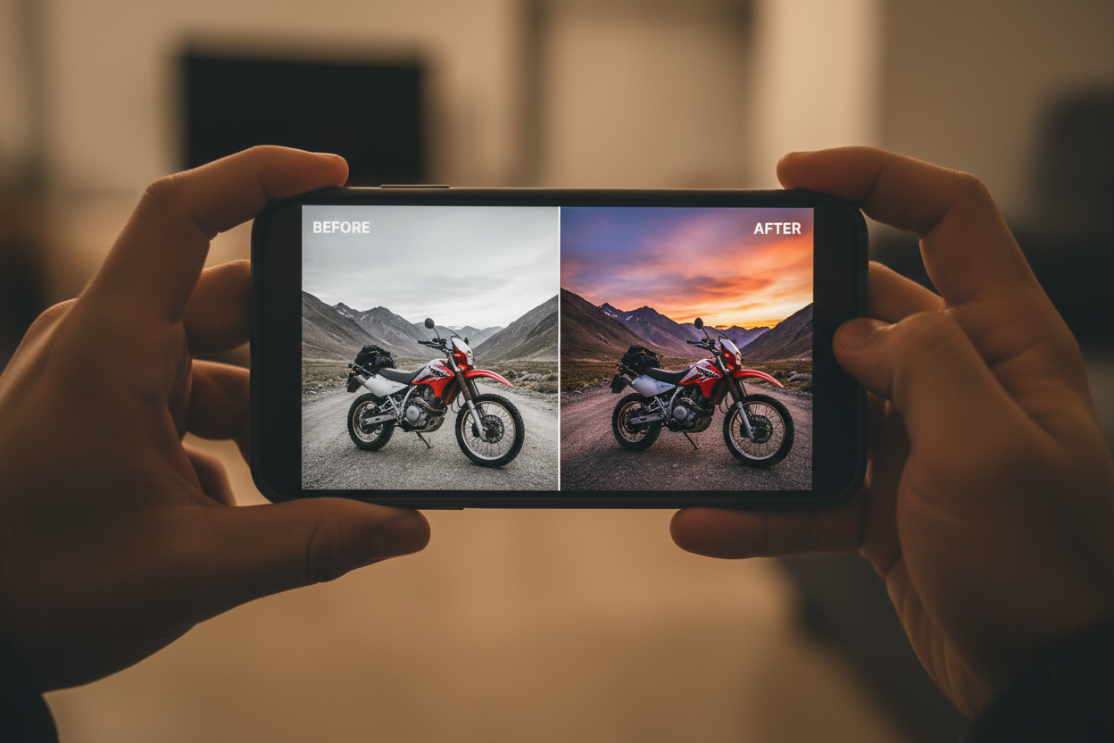 Hands holding smartphone showing edited motorcycle travel photo demonstrating mobile editing workflow for touring photographers