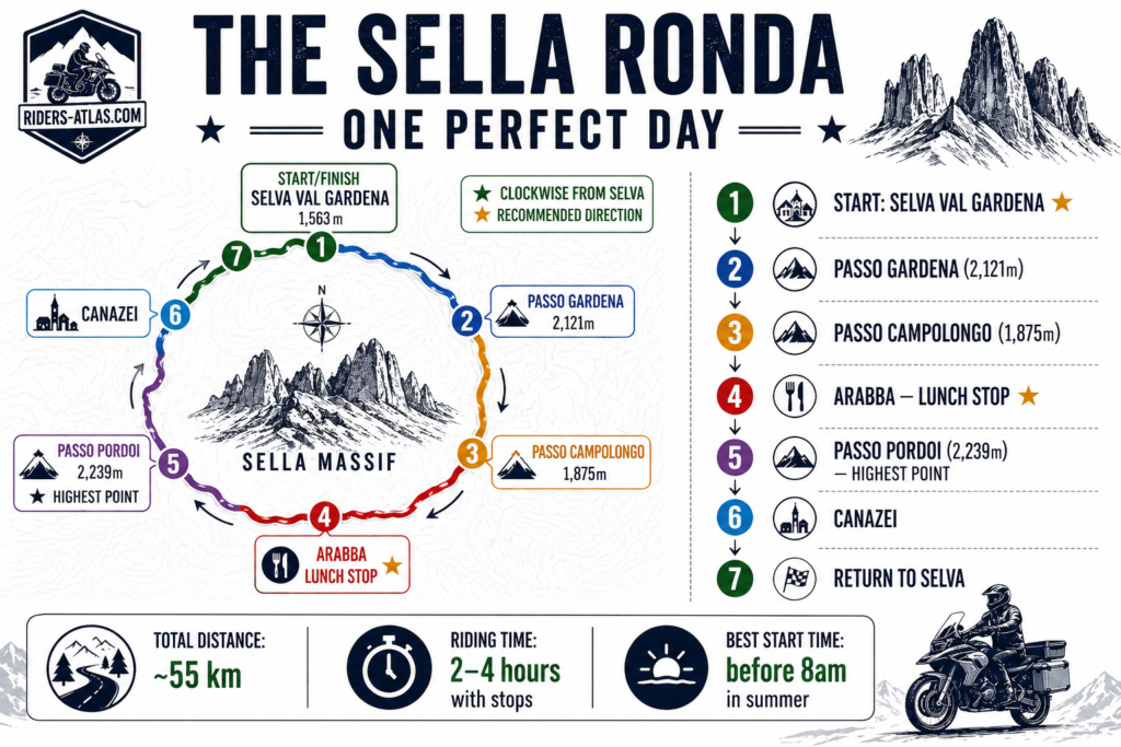 Northern Italy Motorcycle Routes: Dolomites and Alps Sella Ronda motorcycle circuit infographic showing four pass clockwise route from Selva with pass heights distances and recommended stops