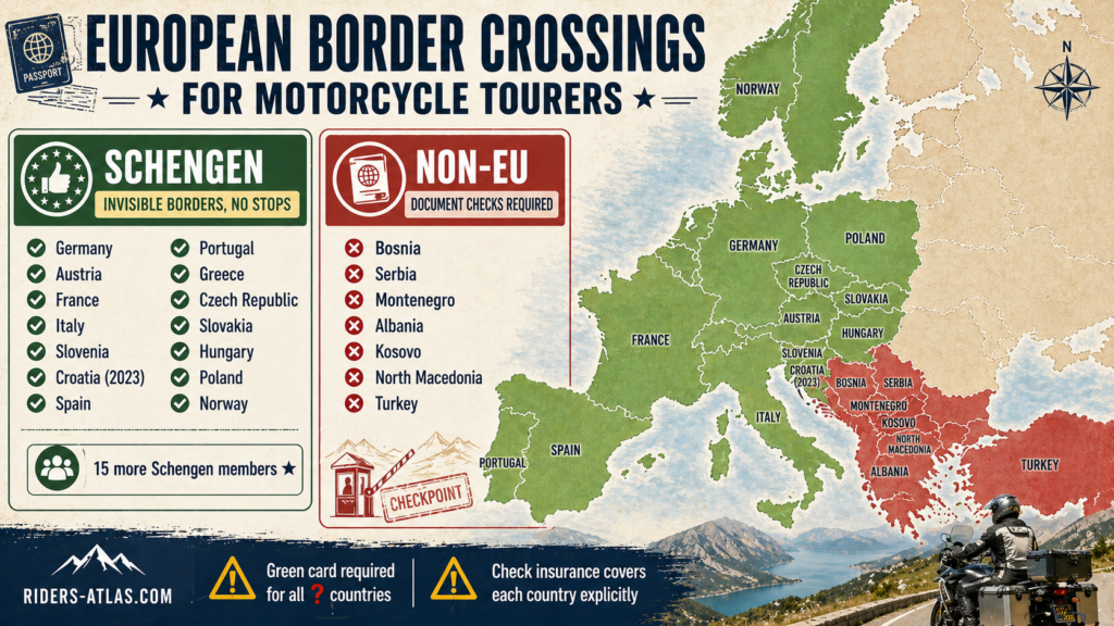 International Motorcycle Travel in Europe: Complete Guide European border crossing map for motorcycle touring showing Schengen invisible borders versus non-EU document check countries with green card requirements