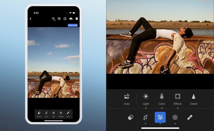 Adobe Lightroom Mobile interface on smartphone showing editing controls for RAW motorcycle travel photo editing