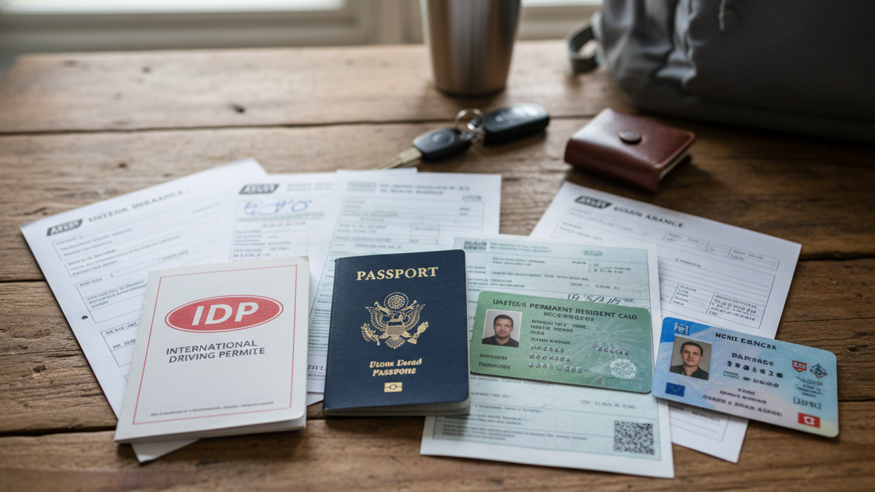 International Motorcycle Travel in Europe: Complete Guide Essential documents for international motorcycle travel in europe laid out showing passport green card vehicle registration IDP and insurance