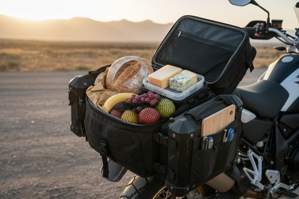 Food items organised in motorcycle soft bag showing practical food storage strategy for cheap food motorcycle touring 