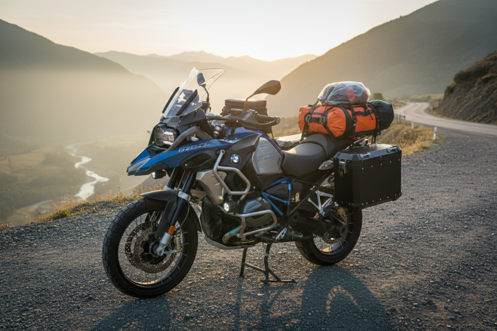 Clean well-loaded touring motorcycle with quality mounting system showing panniers and top case balanced and ready for long distance departure