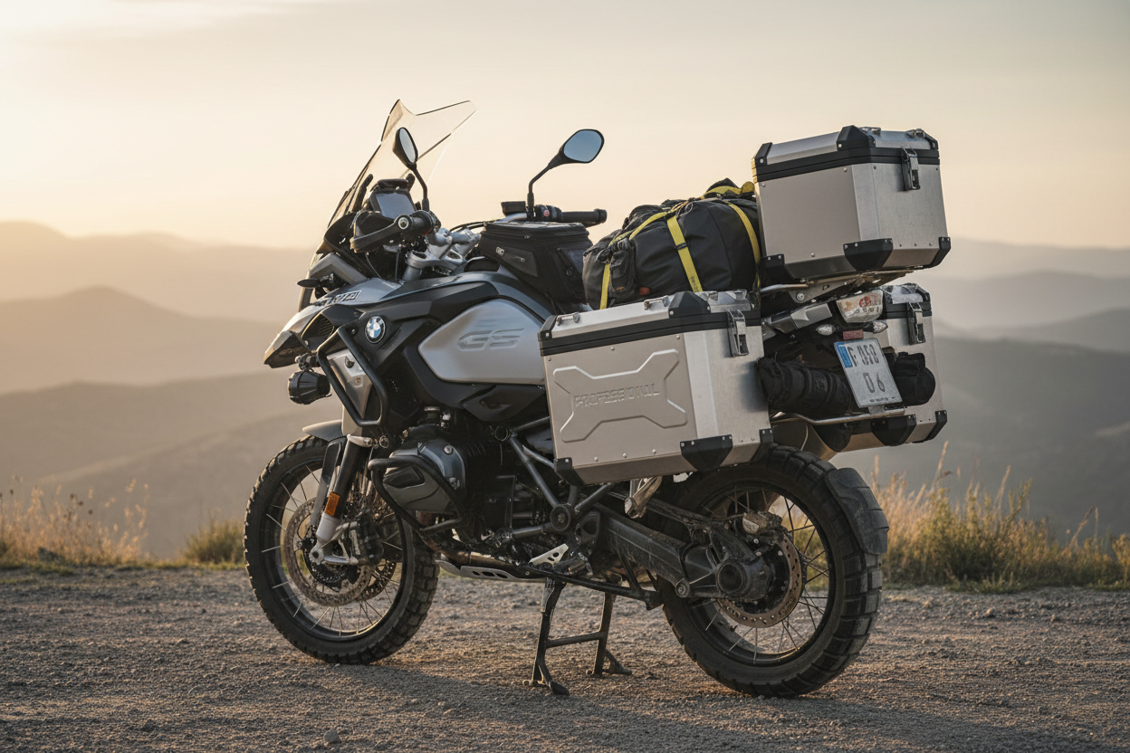 Gear & Equipment Well-loaded touring motorcycle with quality bike-specific pannier frame and hard panniers showing professional motorcycle luggage mounting setup