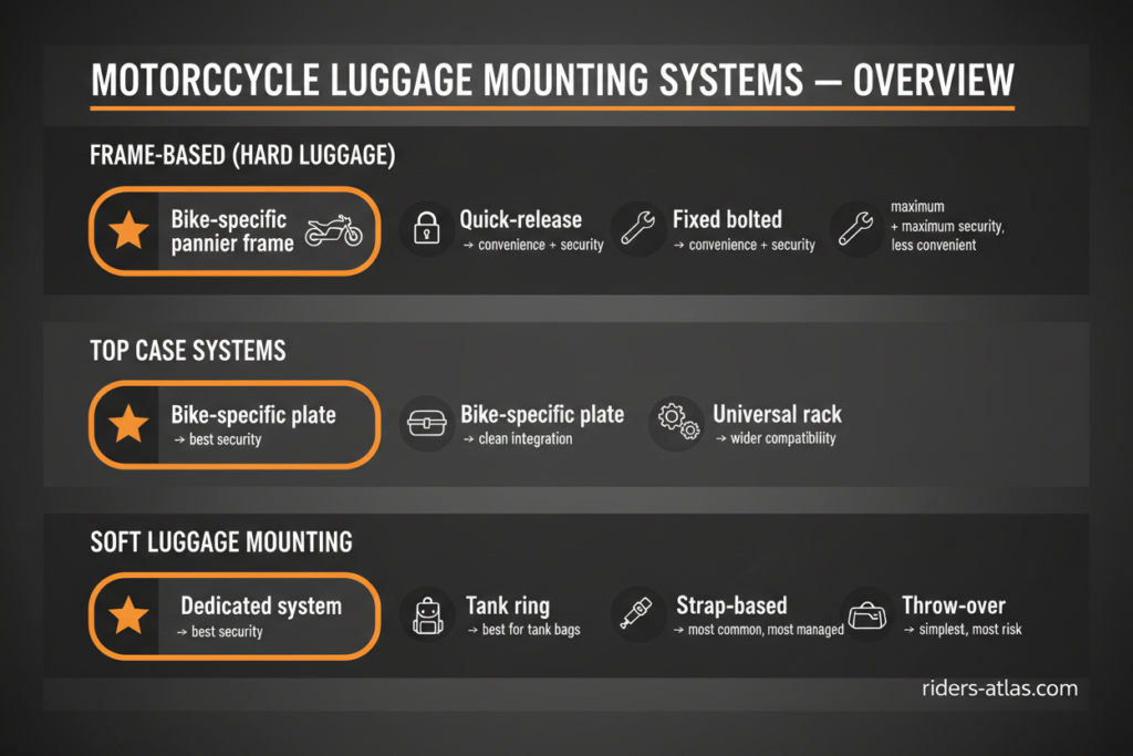 Motorcycle luggage mounting systems overview showing frame based hard luggage top case and soft luggage options with security and convenience ratings
