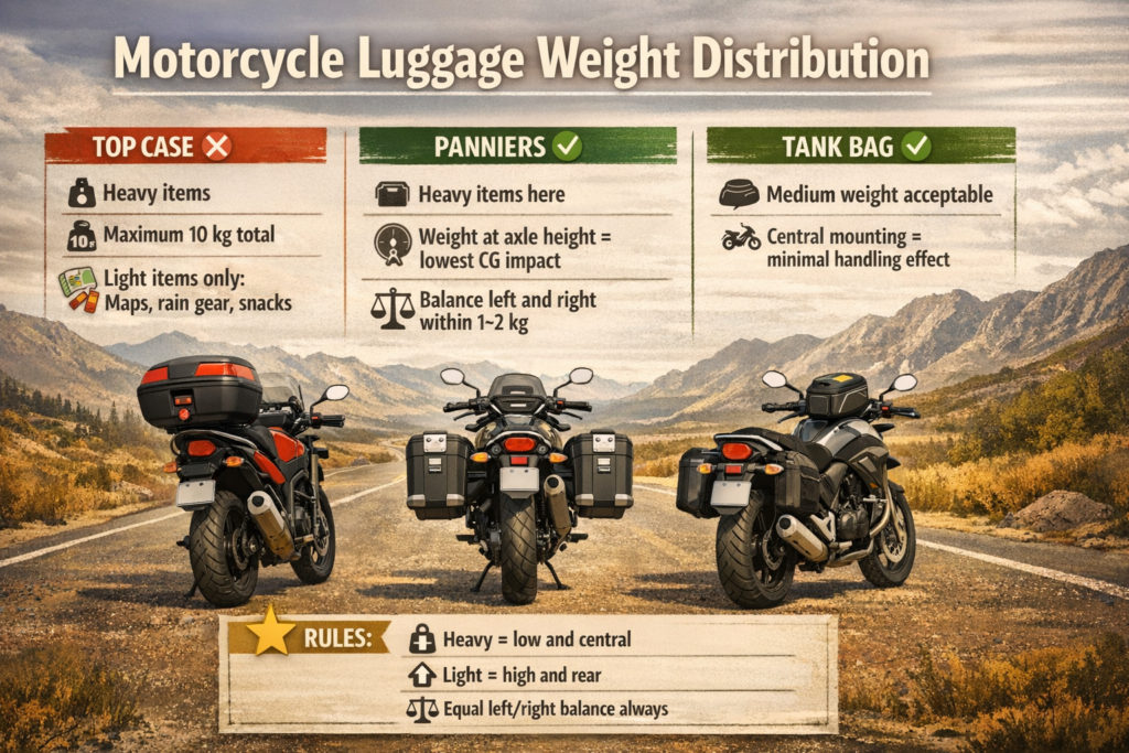 Motorcycle luggage weight distribution diagram showing where to place heavy and light items across panniers top case and tank bag for best handling