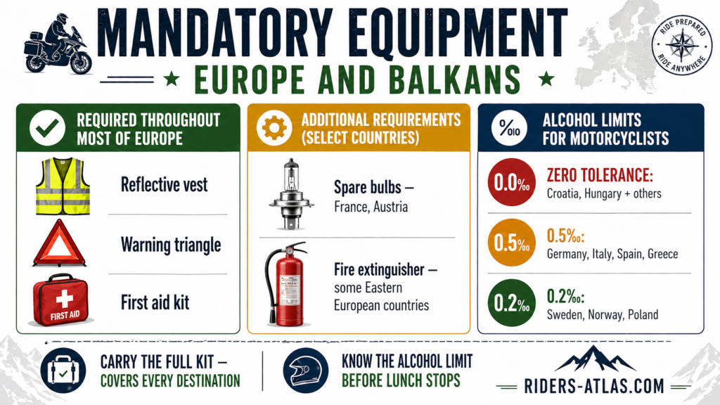 International Motorcycle Travel in Europe: Complete Guide Mandatory motorcycle equipment guide for europe showing reflective vest warning triangle first aid kit requirements and alcohol limits by country