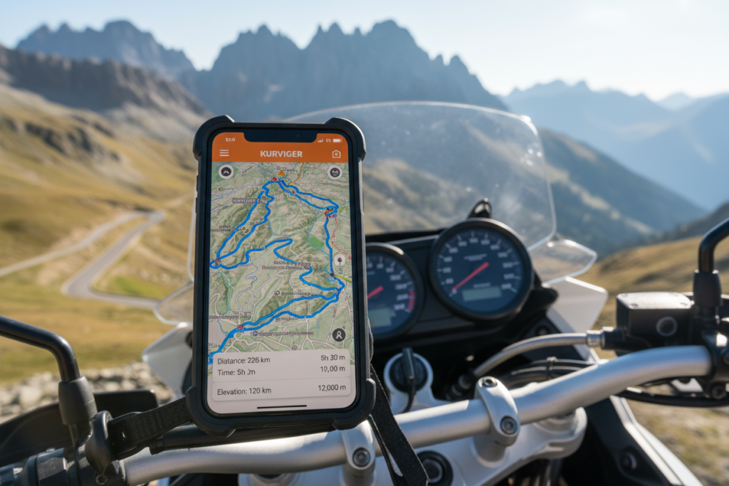 International Motorcycle Travel in Europe: Complete Guide Motorcycle GPS or smartphone showing route planning app with European touring route for international motorcycle travel planning
