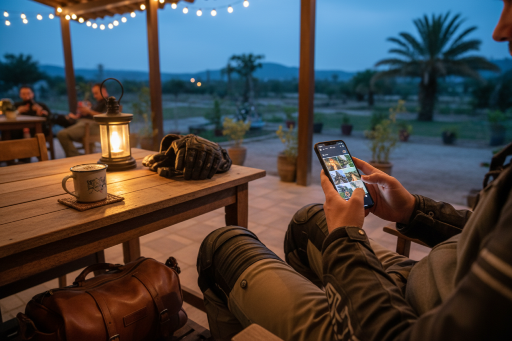 Motorcycle tourer editing travel photos on smartphone at guesthouse table in evening showing on road editing workflow 