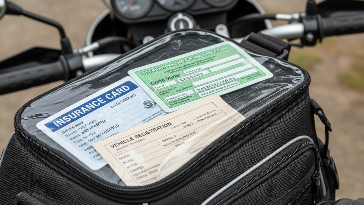 Motorcycle Travel Insurance Europe: What You Need Organised motorcycle document wallet showing green card insurance certificate registration and driving licence accessible for touring