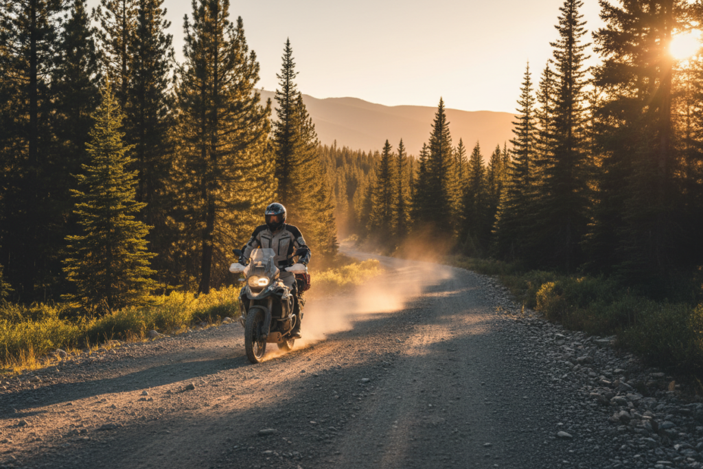 Motorcycle rider in quality adventure touring jacket on dramatic European alpine road showing result of correct jacket choice for variable weather