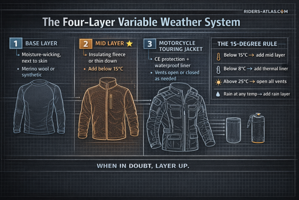 Four layer motorcycle touring jacket system showing base layer mid layer jacket and rain layer with 15 degree temperature rule 