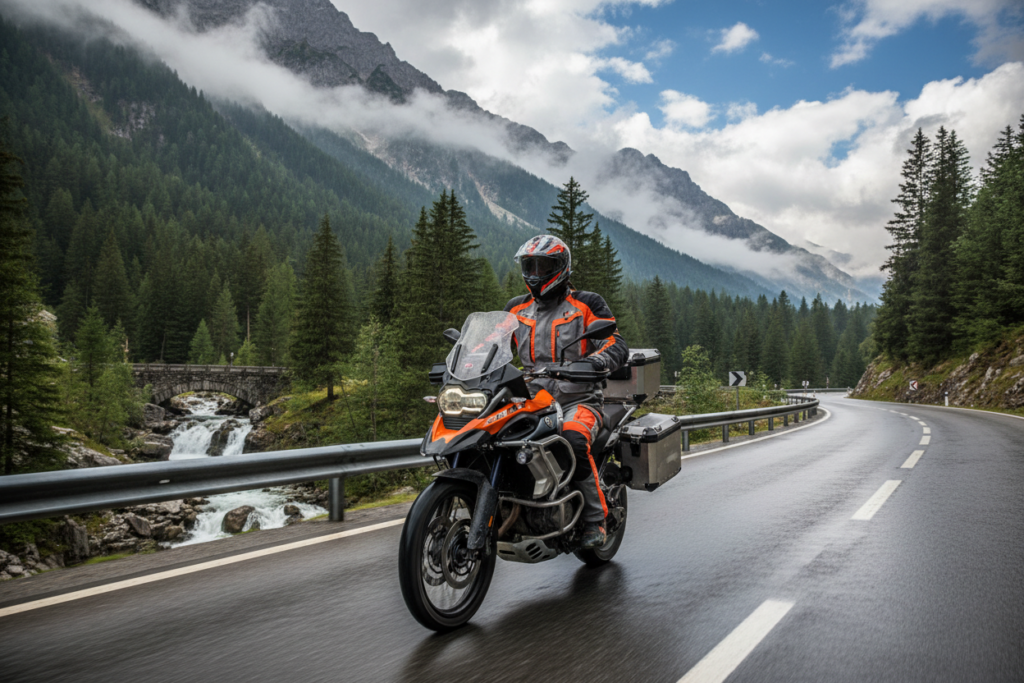 Motorcycle rider wearing adventure touring jacket on scenic European mountain road showing versatility for variable weather conditions
