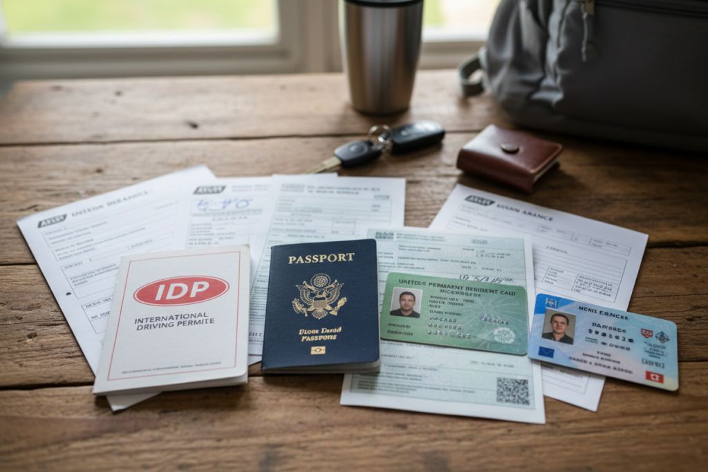 Travelling Europe by Motorcycle: The Complete Guide Motorcycle travel documents laid out — passport, green card, vehicle registration and IDP for Europe