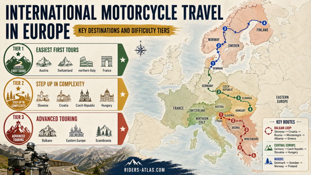 Travelling Europe by Motorcycle: The Complete Guide Europe motorcycle travel map showing route difficulty tiers from beginner to advanced touring