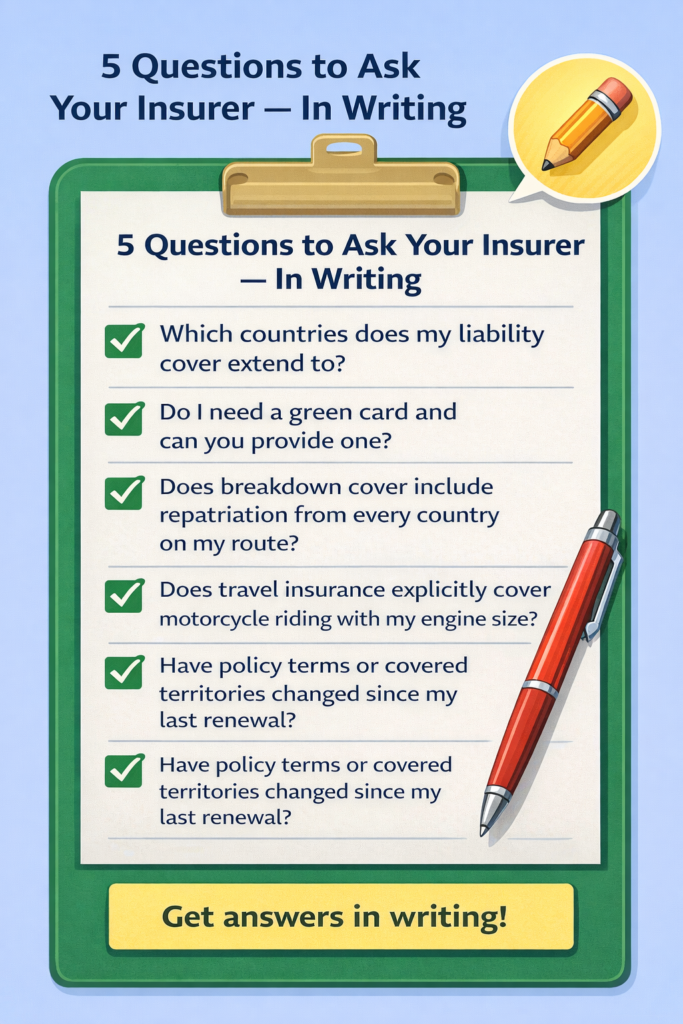 Motorcycle Travel Insurance Europe: What You Need Five questions checklist for motorcycle travel insurance europe showing what to verify with insurer in writing before departure