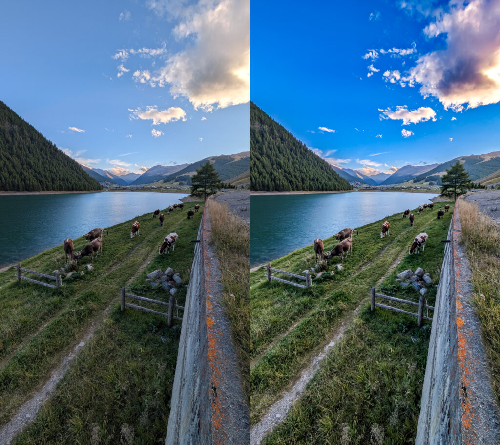 Before and after comparison of motorcycle travel photo editing showing flat unedited image versus finished edited version with recovered highlights and enhanced colour