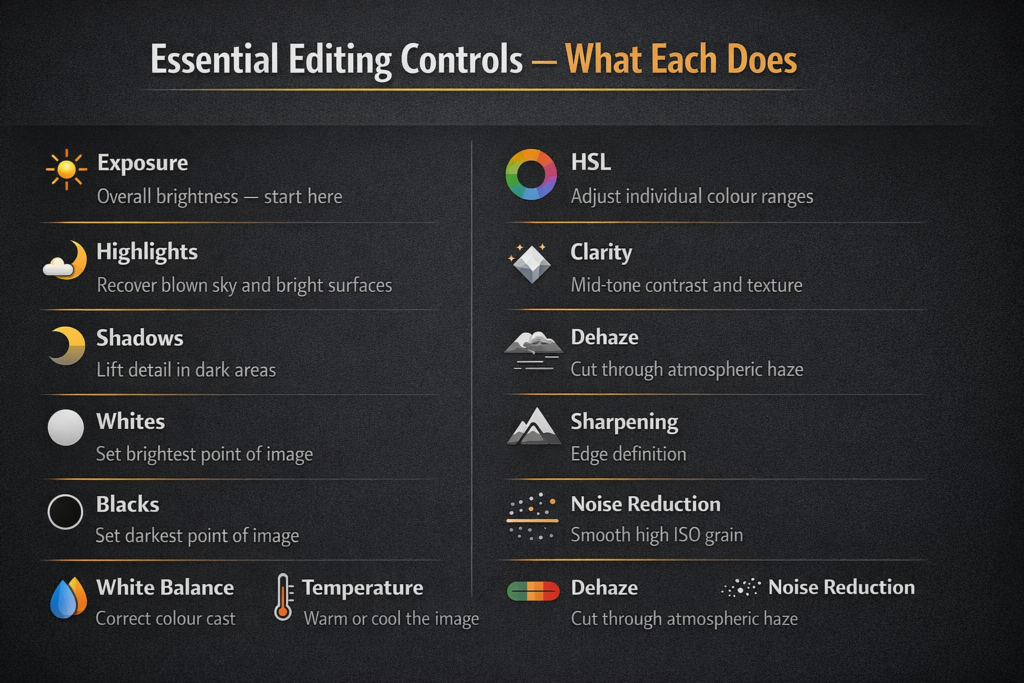 Essential photo editing controls guide showing what exposure highlights shadows white balance HSL clarity and sharpening do for motorcycle travel photos