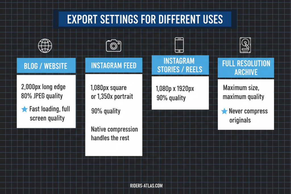 Photo export settings guide for motorcycle travel photography showing correct resolution and quality for blog instagram and archive use