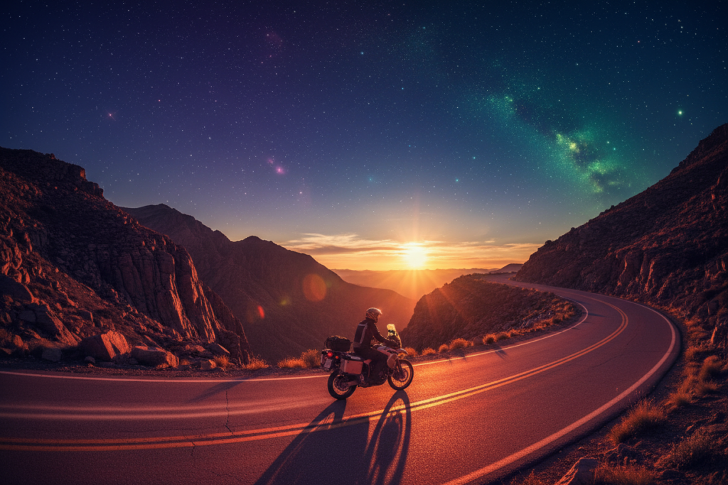 Dramatically edited motorcycle travel photo showing mountain road with deep sky enhanced leading line and warm cool split tone atmosphere 