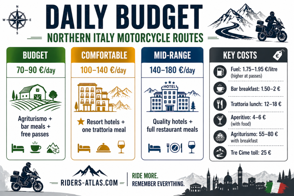Northern Italy Motorcycle Routes: Dolomites and Alps Northern Italy motorcycle routes daily budget breakdown showing three tiers from 70 euros budget to 180 euros mid-range with key costs