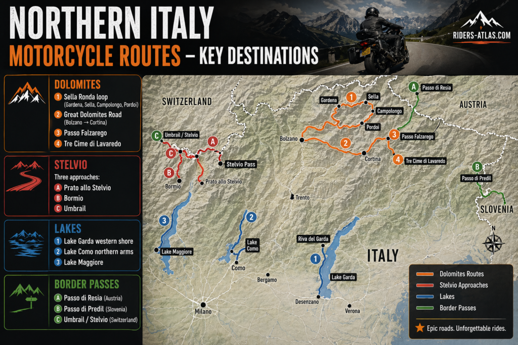 Northern Italy Motorcycle Routes: Dolomites and Alps Northern Italy motorcycle routes map showing Dolomites Sella Ronda Stelvio Pass Lake Garda and Alpine border passes to Austria Switzerland